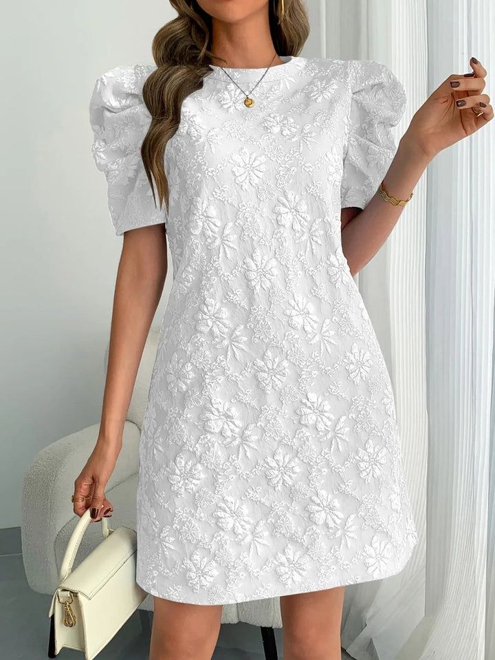 Round Neck Puff Short Sleeve Mini Dress - VeauBeauty