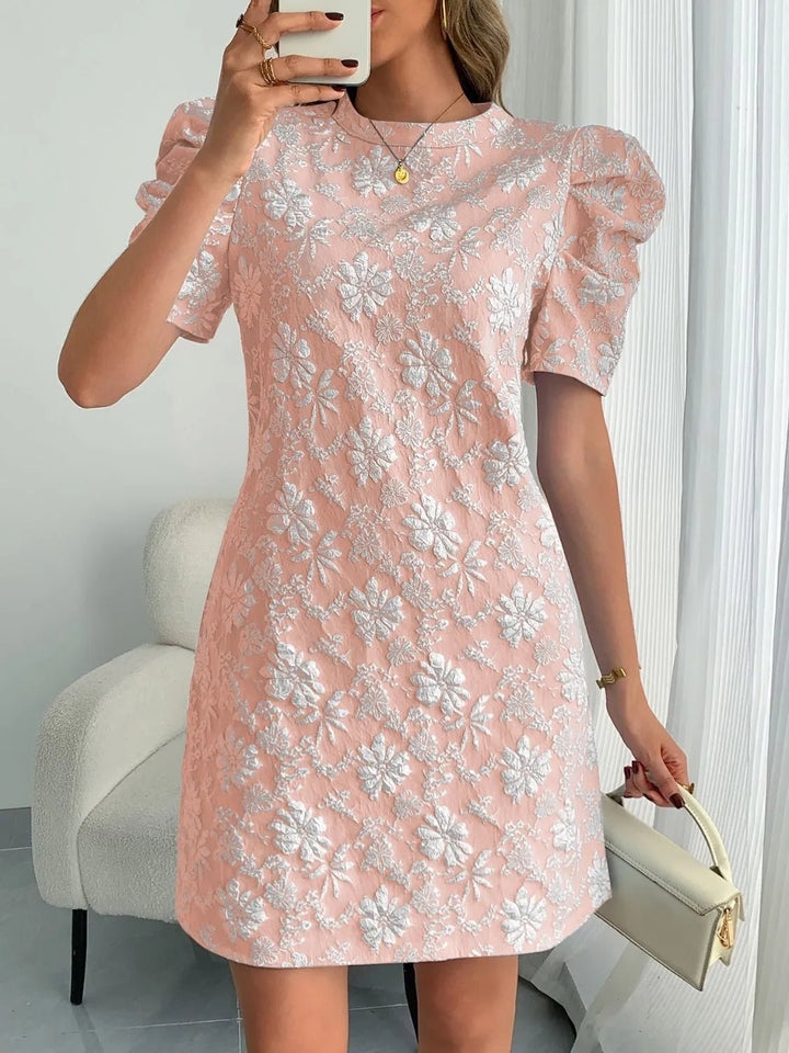 Round Neck Puff Short Sleeve Mini Dress - VeauBeauty
