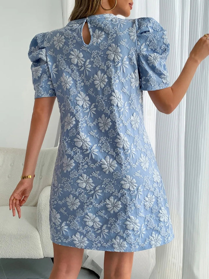 Round Neck Puff Short Sleeve Mini Dress - VeauBeauty