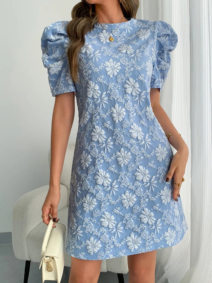 Round Neck Puff Short Sleeve Mini Dress - VeauBeauty