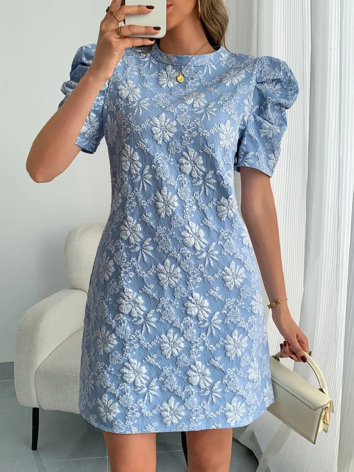 Round Neck Puff Short Sleeve Mini Dress - VeauBeauty