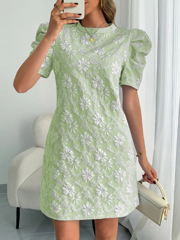 Round Neck Puff Short Sleeve Mini Dress - VeauBeauty