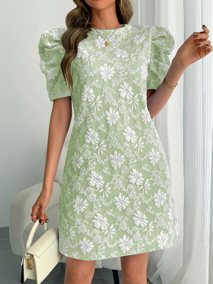 Round Neck Puff Short Sleeve Mini Dress - VeauBeauty