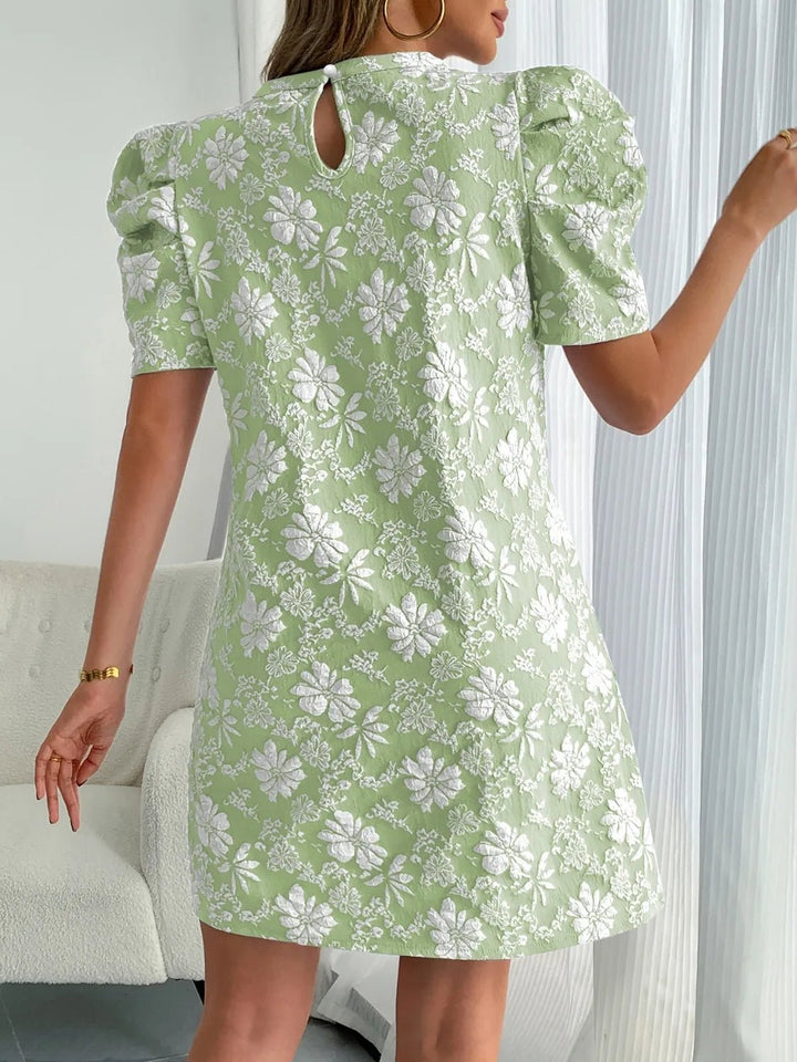 Round Neck Puff Short Sleeve Mini Dress - VeauBeauty