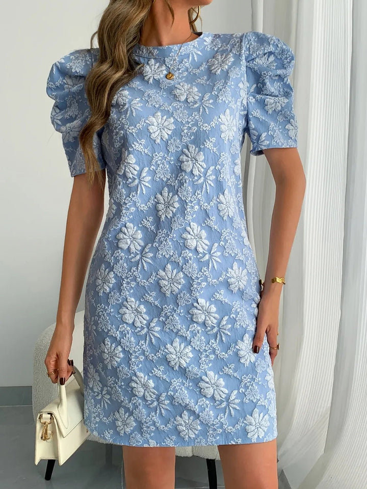 Round Neck Puff Short Sleeve Mini Dress - VeauBeauty