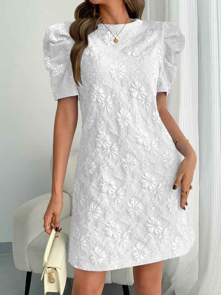 Round Neck Puff Short Sleeve Mini Dress - VeauBeauty