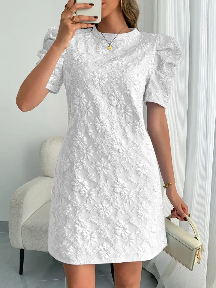 Round Neck Puff Short Sleeve Mini Dress - VeauBeauty