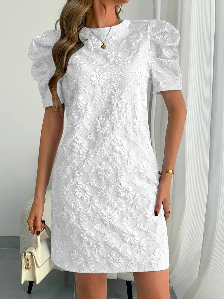 Round Neck Puff Short Sleeve Mini Dress - VeauBeauty