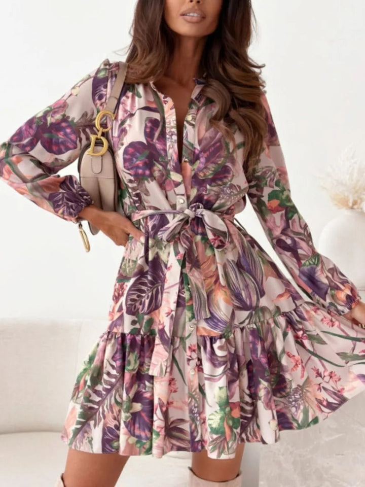 Ruffle Hem Floral Long Sleeve Dress - VeauBeauty