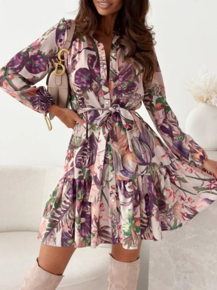 Ruffle Hem Floral Long Sleeve Dress - VeauBeauty