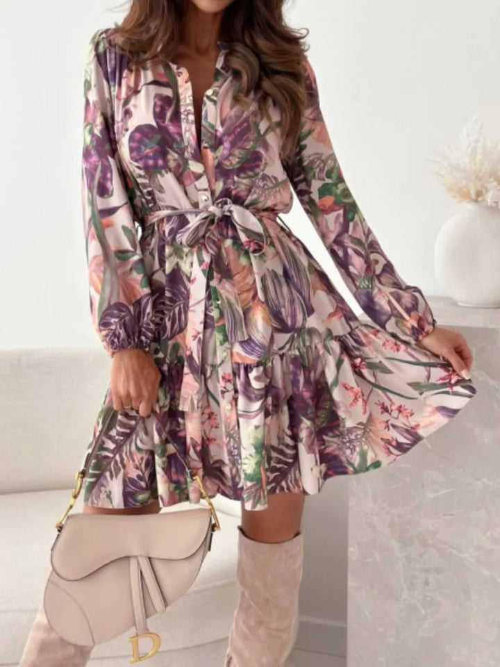 Ruffle Hem Floral Long Sleeve Dress - VeauBeauty