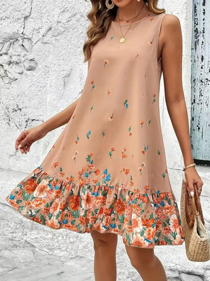 Ruffled Hem Floral Sleeveless Mini Tank Dress - VeauBeauty
