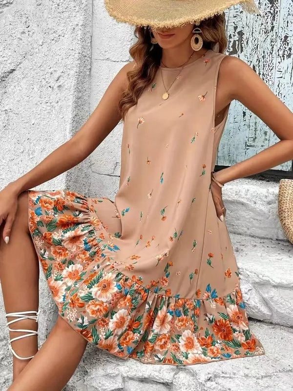 Ruffled Hem Floral Sleeveless Mini Tank Dress - VeauBeauty