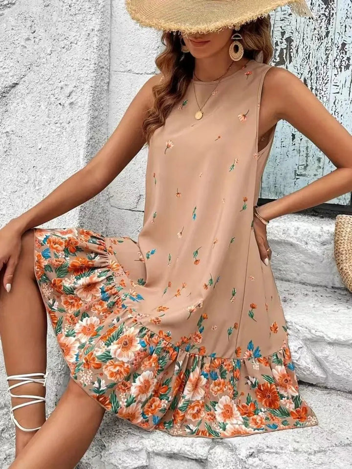 Ruffled Hem Floral Sleeveless Mini Tank Dress - VeauBeauty