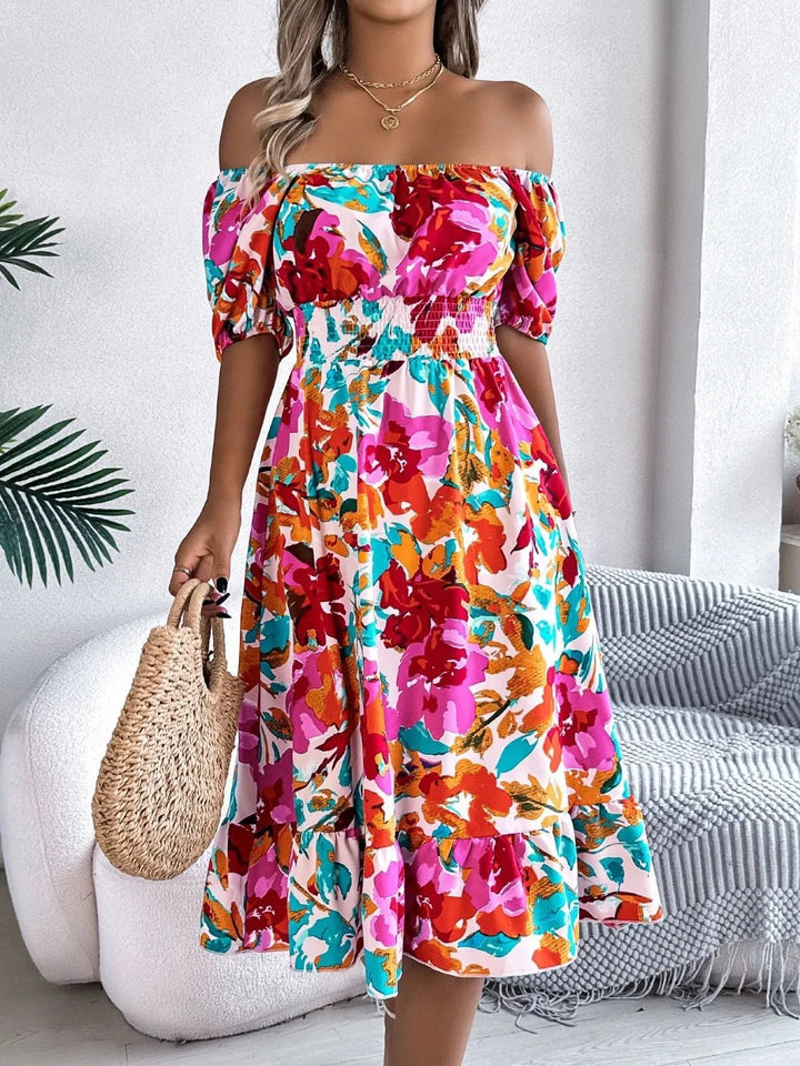 Ruffled Hem Smocked Floral Short Sleeve Midi Dress - VeauBeauty