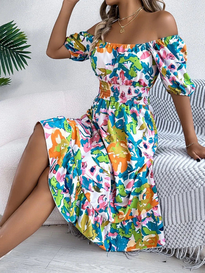 Ruffled Hem Smocked Floral Short Sleeve Midi Dress - VeauBeauty