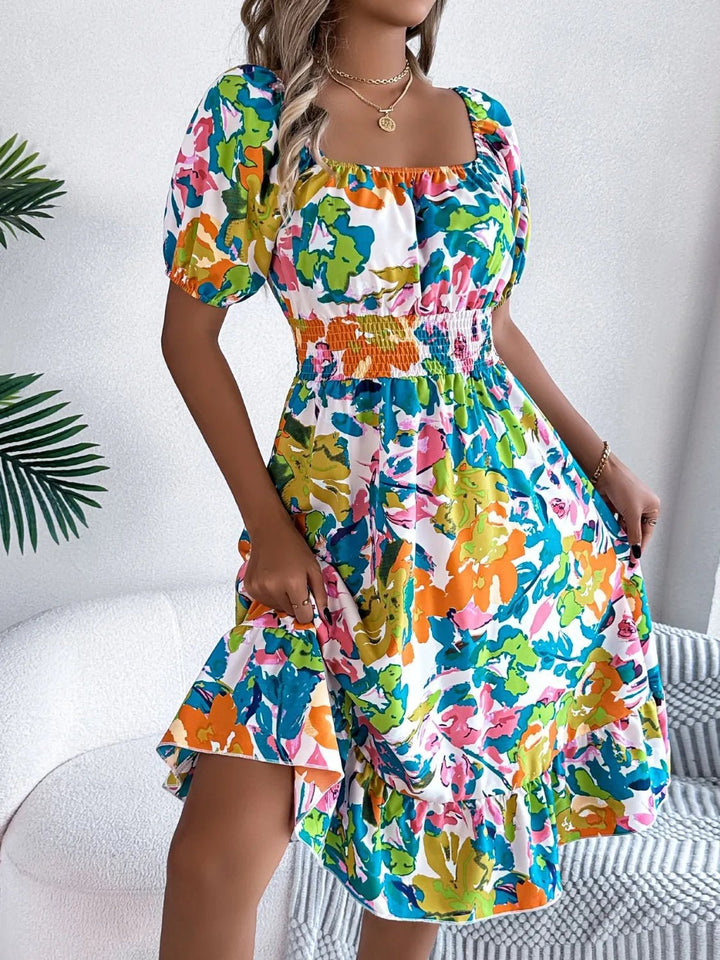Ruffled Hem Smocked Floral Short Sleeve Midi Dress - VeauBeauty