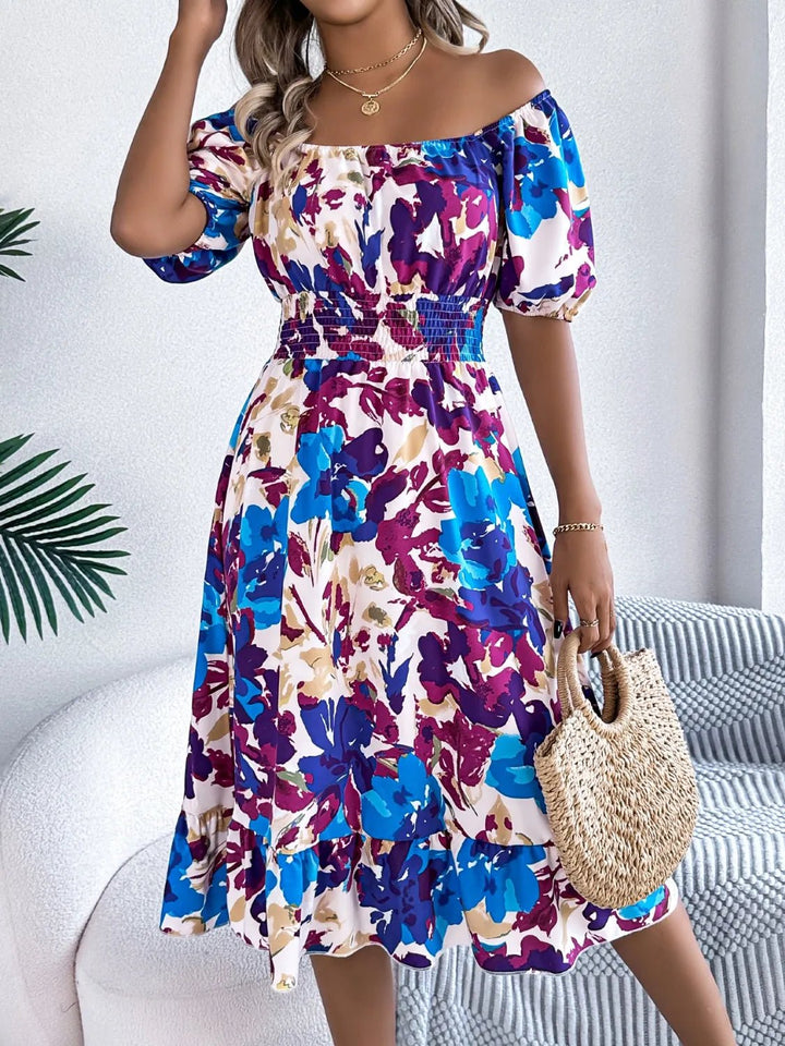 Ruffled Hem Smocked Floral Short Sleeve Midi Dress - VeauBeauty