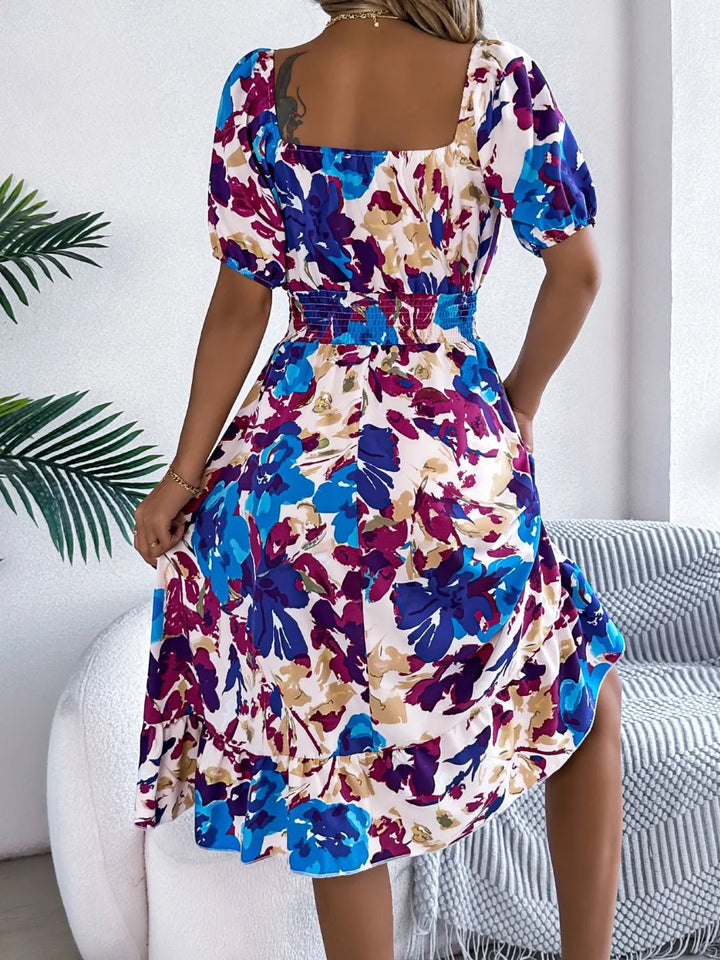 Ruffled Hem Smocked Floral Short Sleeve Midi Dress - VeauBeauty