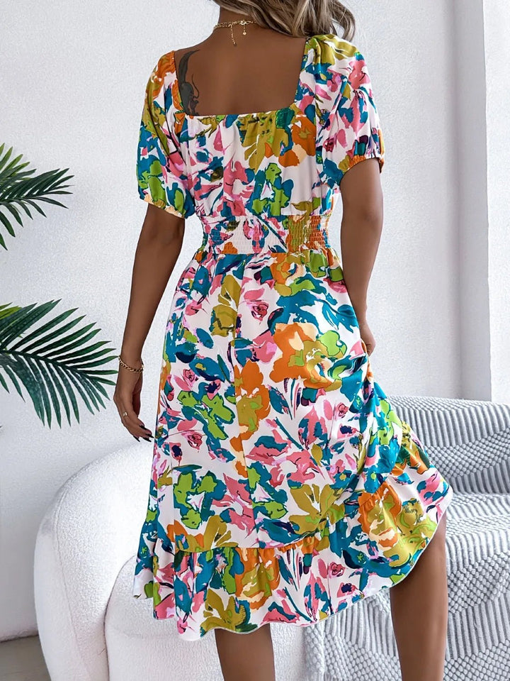 Ruffled Hem Smocked Floral Short Sleeve Midi Dress - VeauBeauty