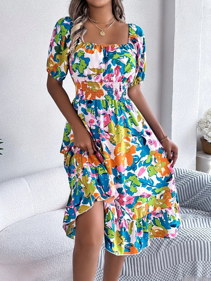 Ruffled Hem Smocked Floral Short Sleeve Midi Dress - VeauBeauty