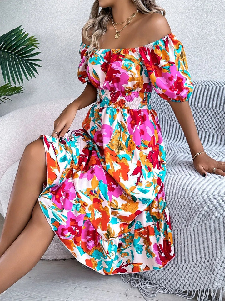 Ruffled Hem Smocked Floral Short Sleeve Midi Dress - VeauBeauty