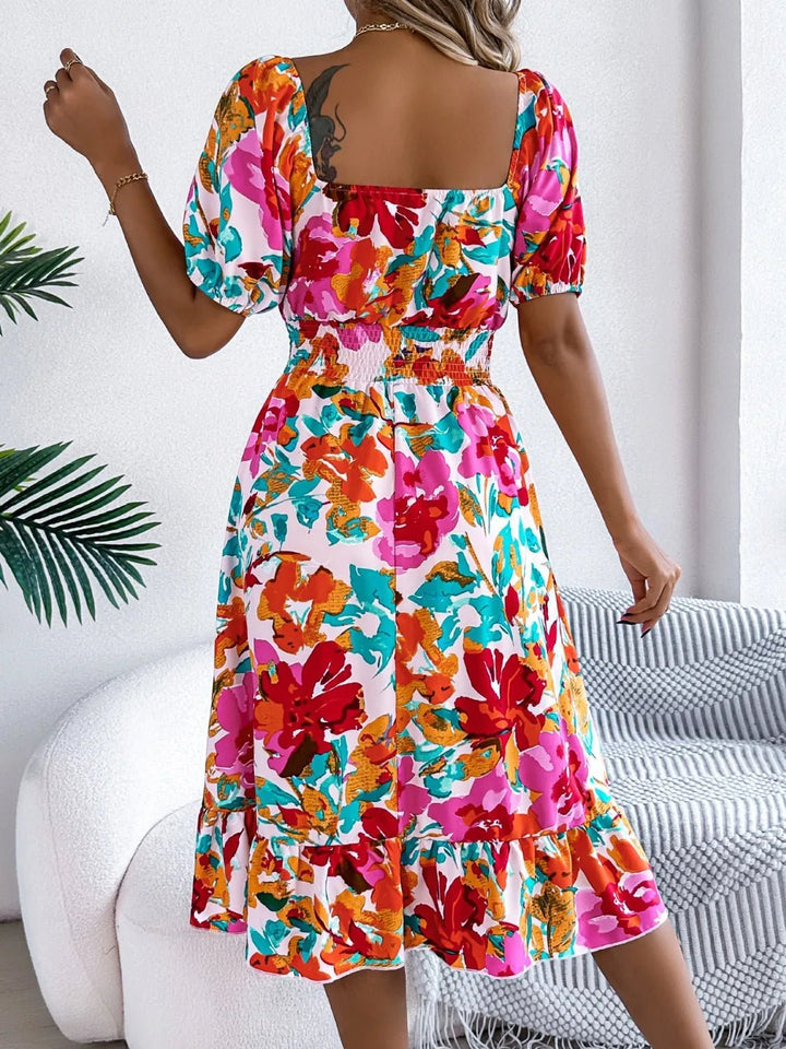 Ruffled Hem Smocked Floral Short Sleeve Midi Dress - VeauBeauty
