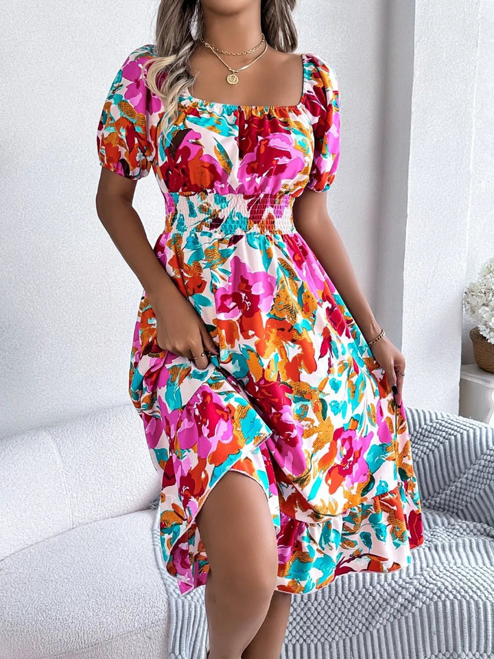 Ruffled Hem Smocked Floral Short Sleeve Midi Dress - VeauBeauty