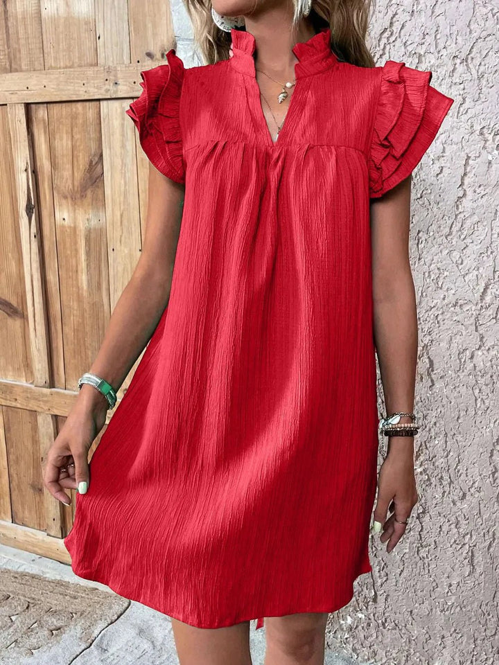 Ruffled Notched Cap Sleeve Mini Dress - VeauBeauty