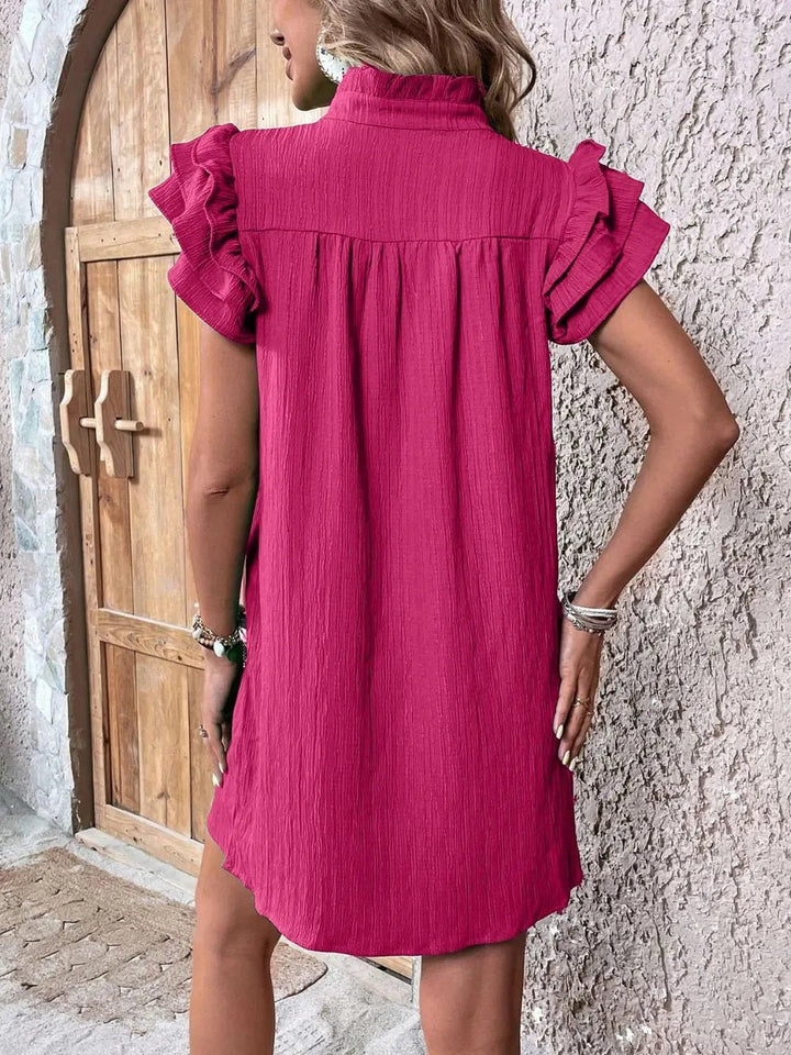 Ruffled Notched Cap Sleeve Mini Dress - VeauBeauty