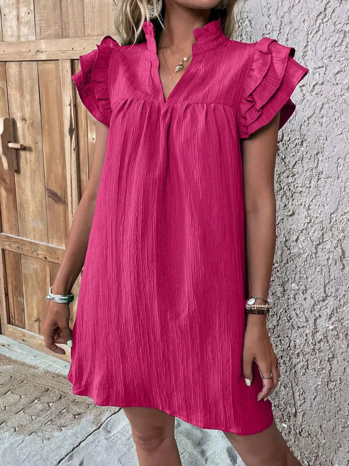 Ruffled Notched Cap Sleeve Mini Dress - VeauBeauty