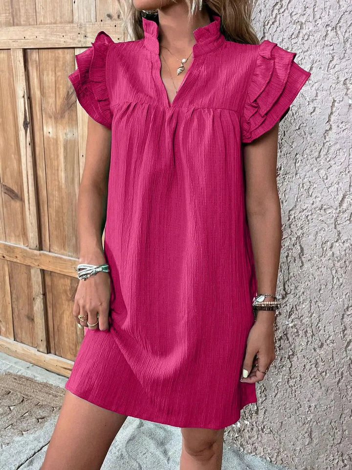 Ruffled Notched Cap Sleeve Mini Dress - VeauBeauty
