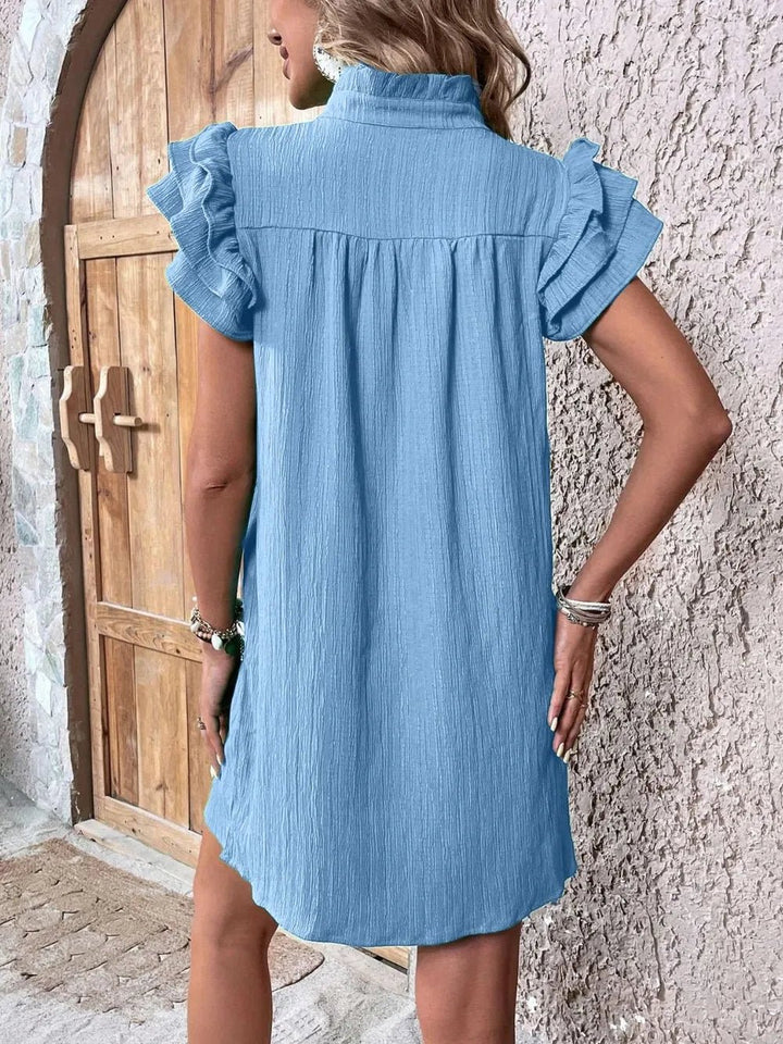 Ruffled Notched Cap Sleeve Mini Dress - VeauBeauty