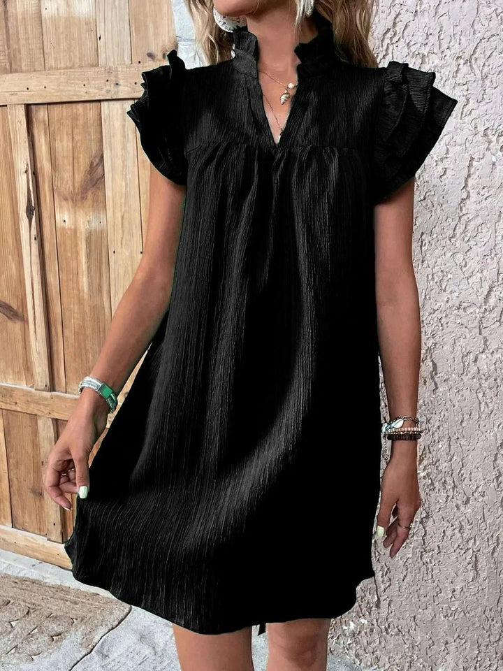 Ruffled Notched Cap Sleeve Mini Dress - VeauBeauty