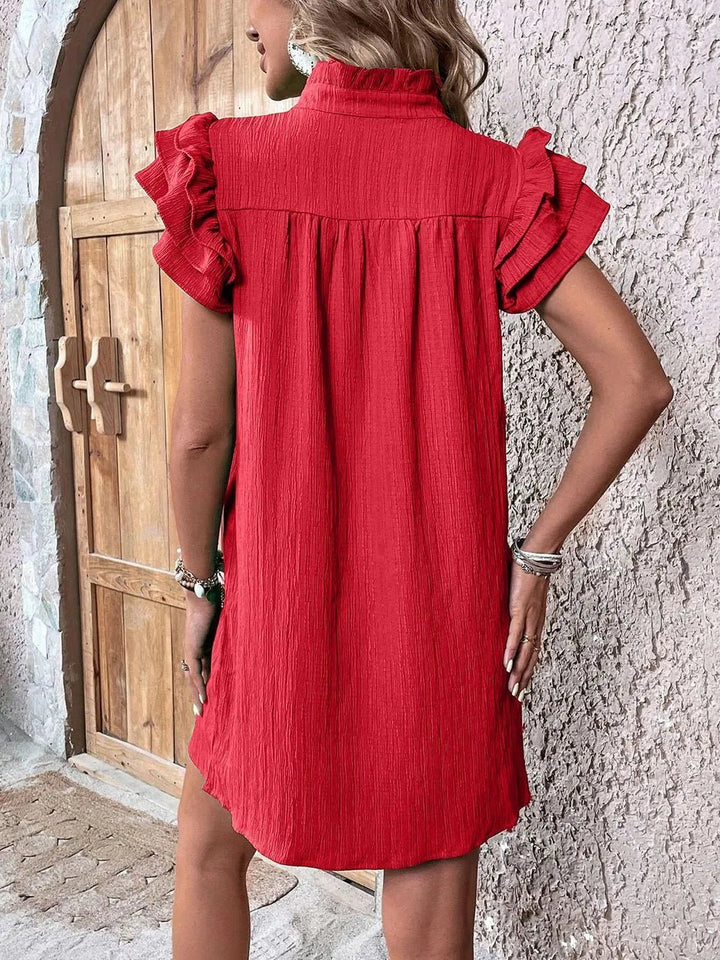 Ruffled Notched Cap Sleeve Mini Dress - VeauBeauty