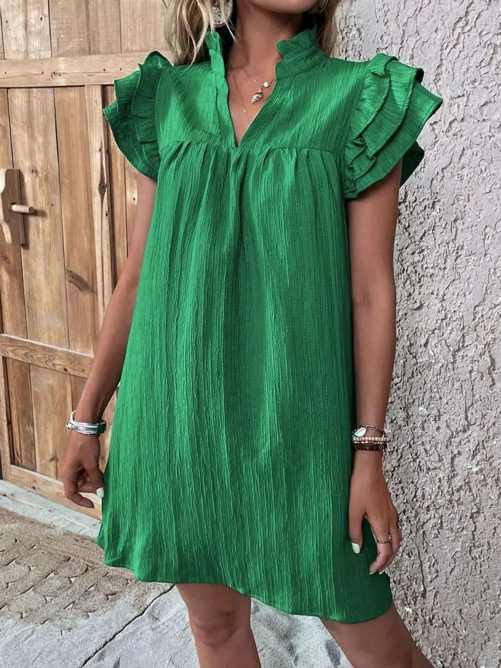 Ruffled Notched Cap Sleeve Mini Dress - VeauBeauty