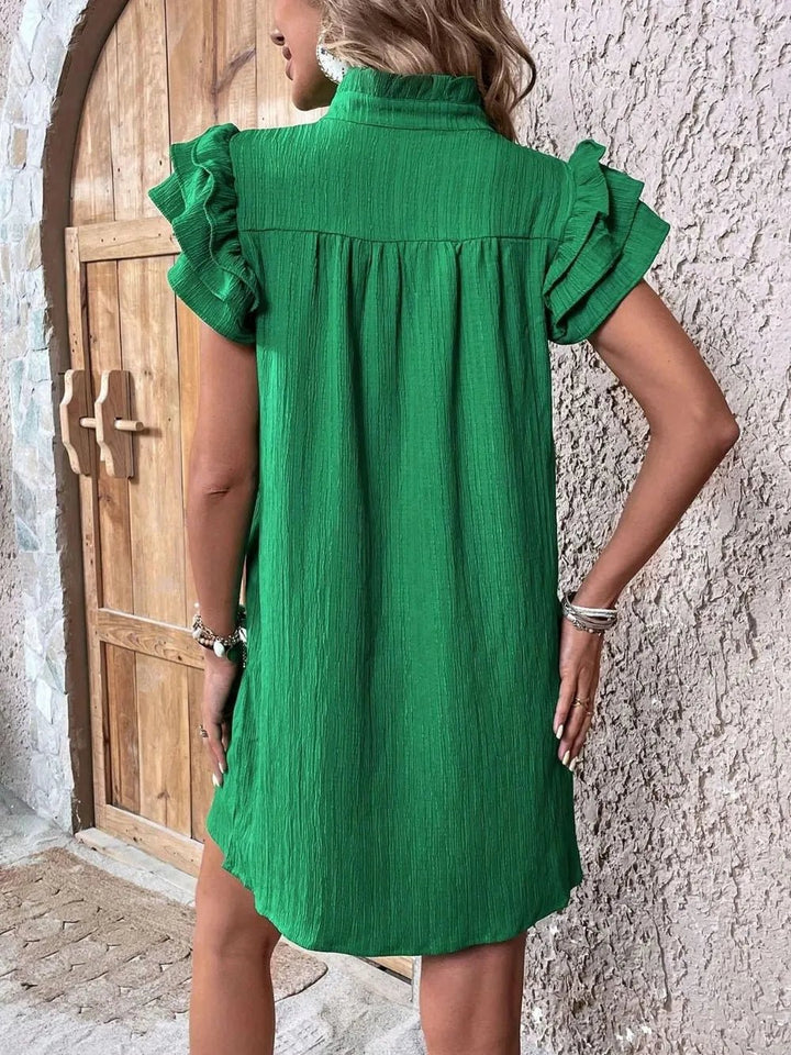 Ruffled Notched Cap Sleeve Mini Dress - VeauBeauty