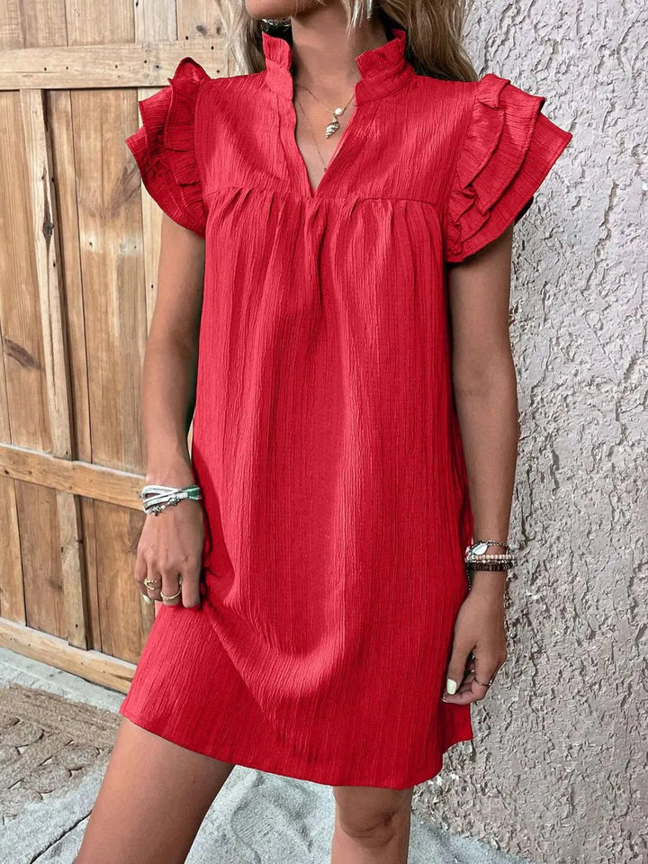 Ruffled Notched Cap Sleeve Mini Dress - VeauBeauty