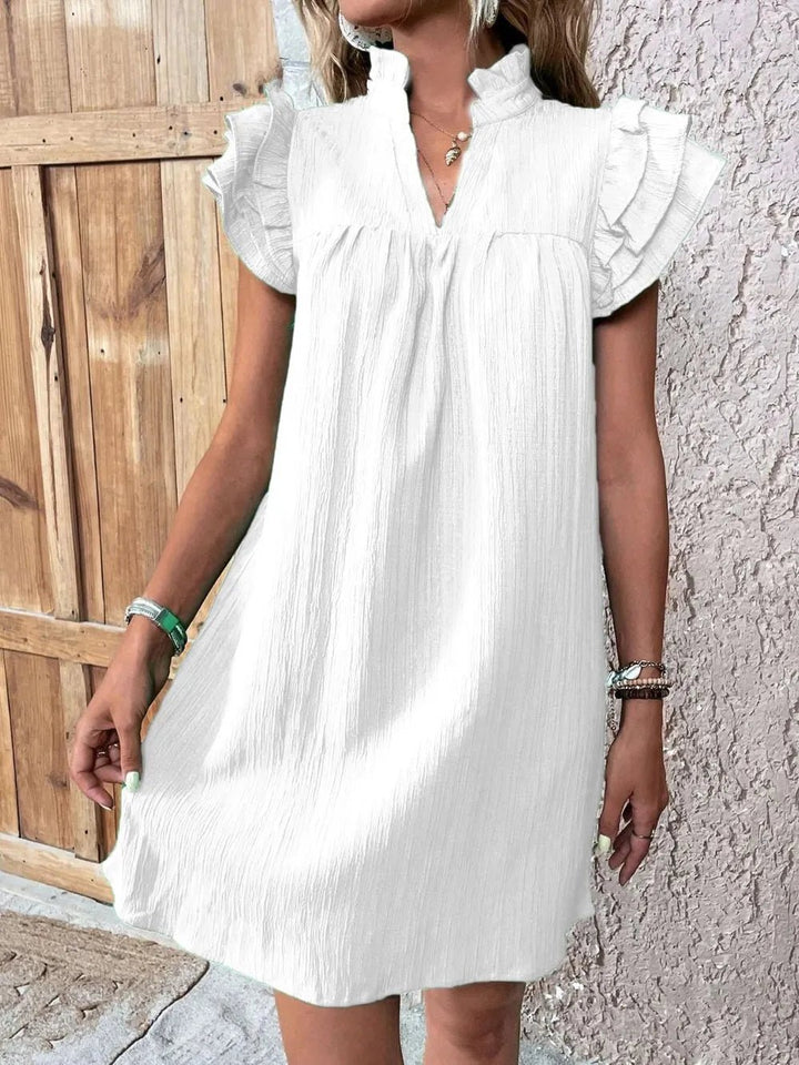 Ruffled Notched Cap Sleeve Mini Dress - VeauBeauty