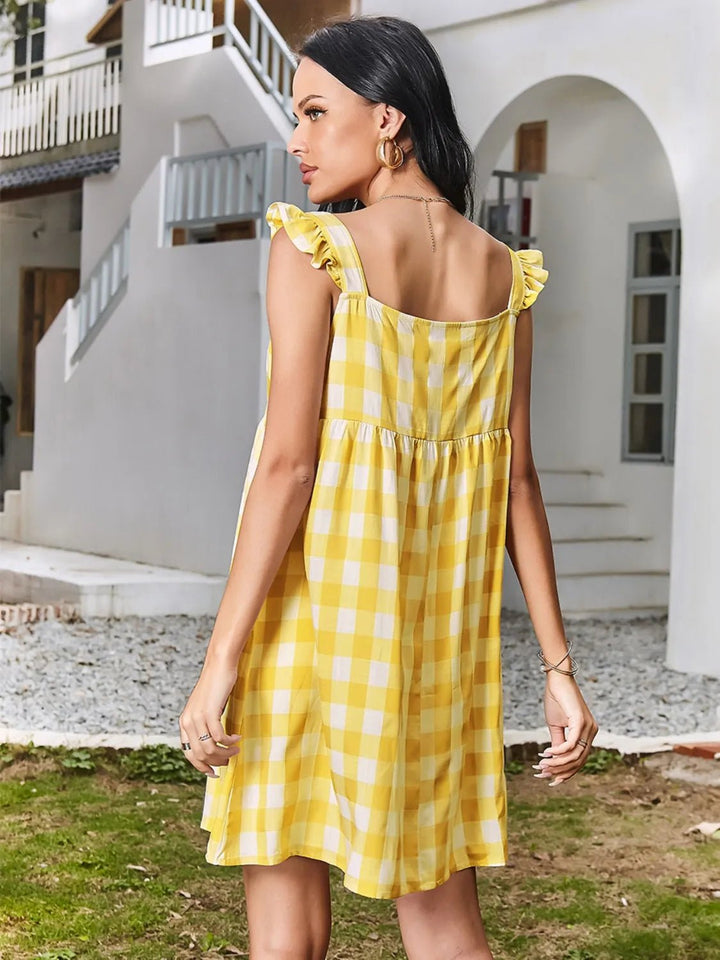 Ruffled Plaid Square Neck Mini Dress - VeauBeauty