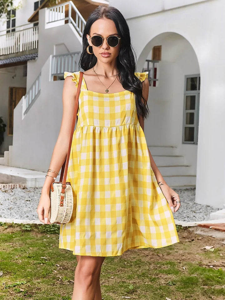 Ruffled Plaid Square Neck Mini Dress - VeauBeauty
