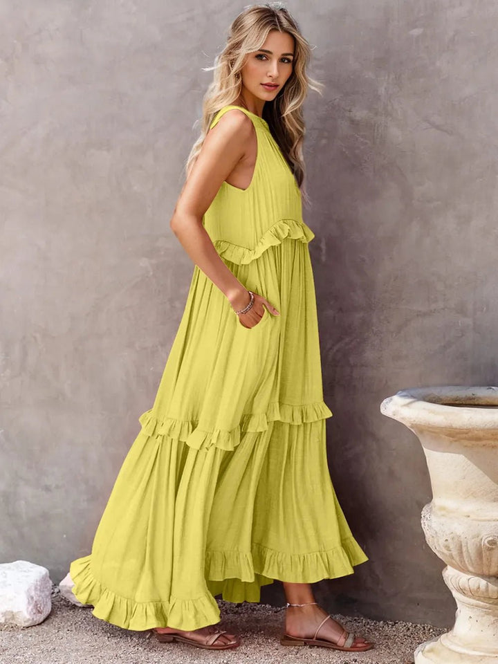 Ruffled Sleeveless Tiered Maxi Dress with Pockets - VeauBeauty