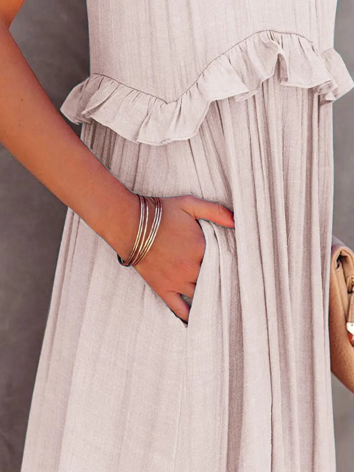 Ruffled Sleeveless Tiered Maxi Dress with Pockets - VeauBeauty