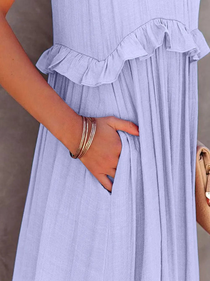 Ruffled Sleeveless Tiered Maxi Dress with Pockets - VeauBeauty