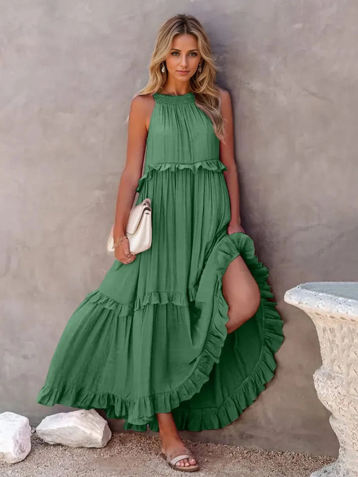 Ruffled Sleeveless Tiered Maxi Dress with Pockets - VeauBeauty