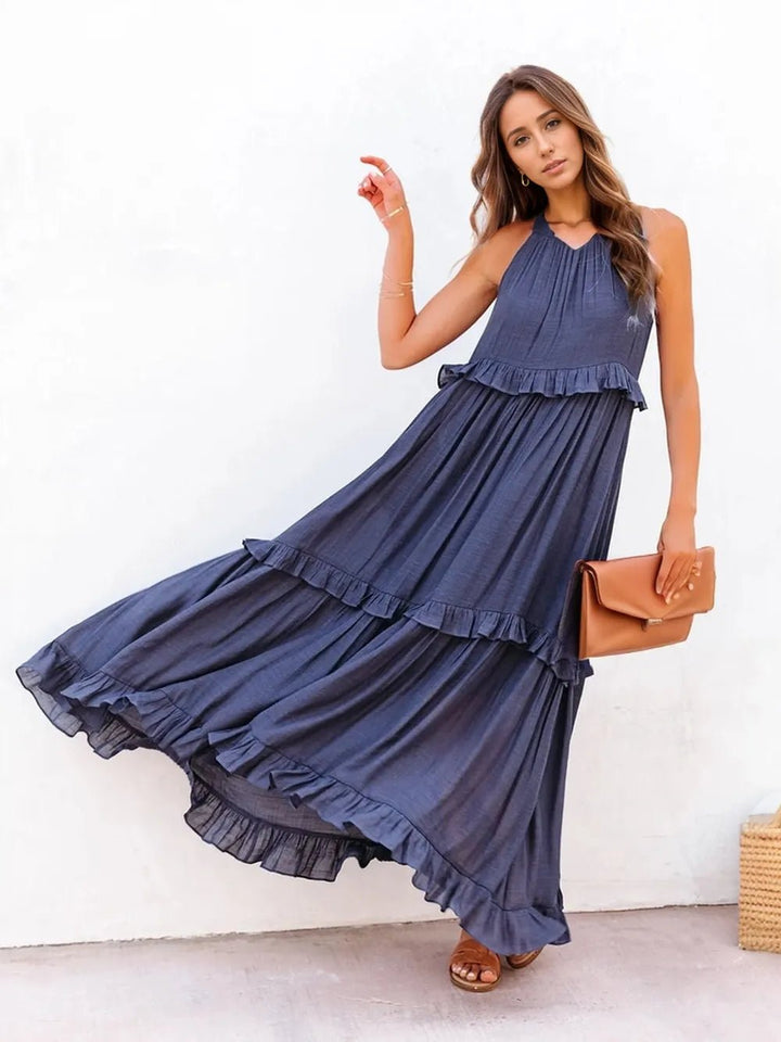 Ruffled Sleeveless Tiered Maxi Dress with Pockets - VeauBeauty