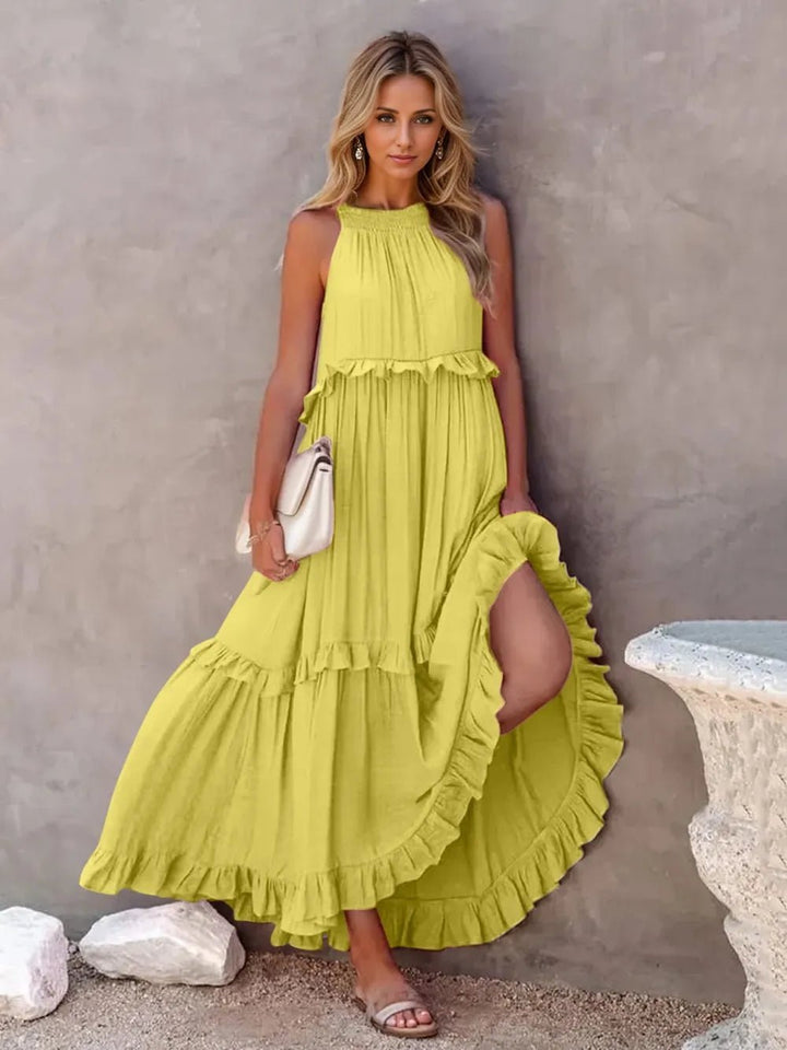 Ruffled Sleeveless Tiered Maxi Dress with Pockets - VeauBeauty