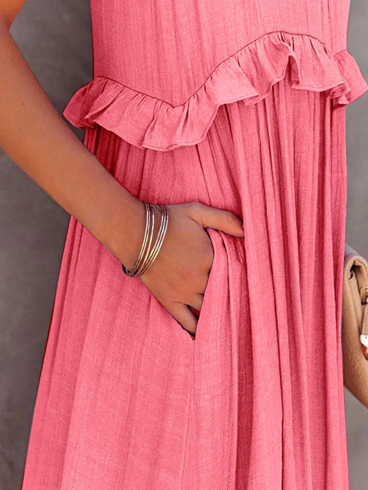 Ruffled Sleeveless Tiered Maxi Dress with Pockets - VeauBeauty