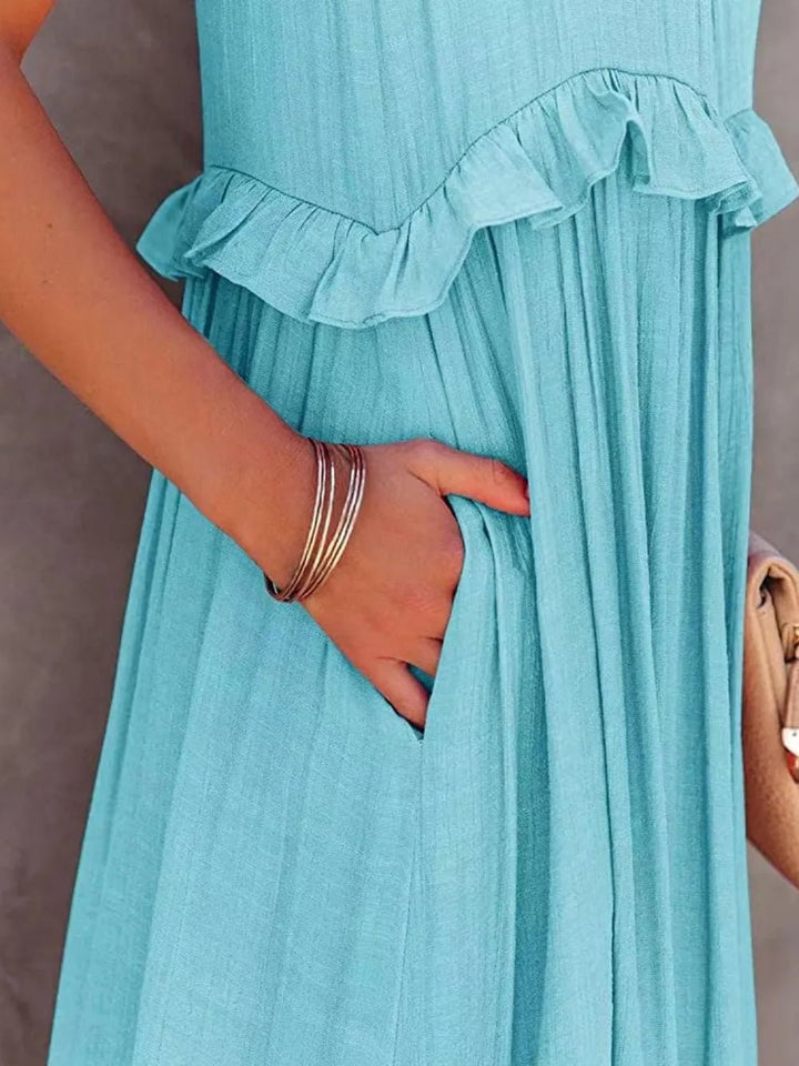 Ruffled Sleeveless Tiered Maxi Dress with Pockets - VeauBeauty