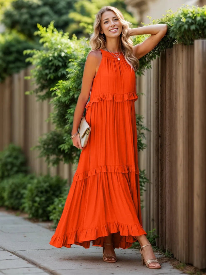 Ruffled Sleeveless Tiered Maxi Dress with Pockets - VeauBeauty